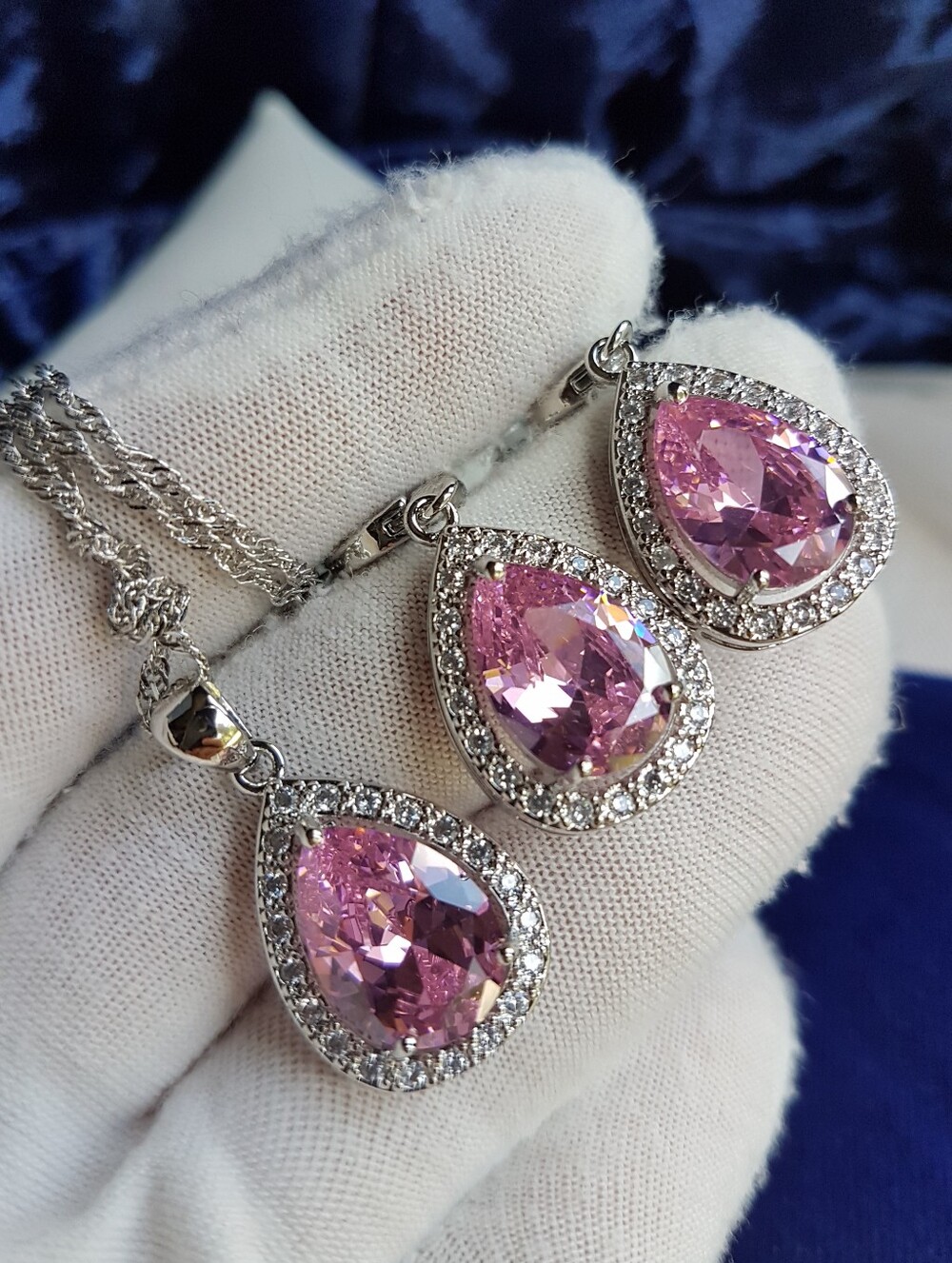 Swarovski Elements 925 Sterling Silver Pink Teardrop Necklace & Earrings SET NEW